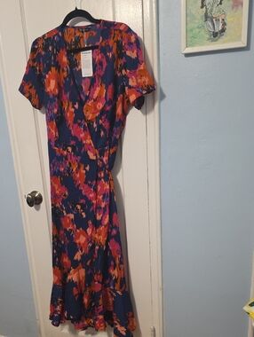 Midi Wrap Dress with Navy Base and Pink & Orange Floral Print